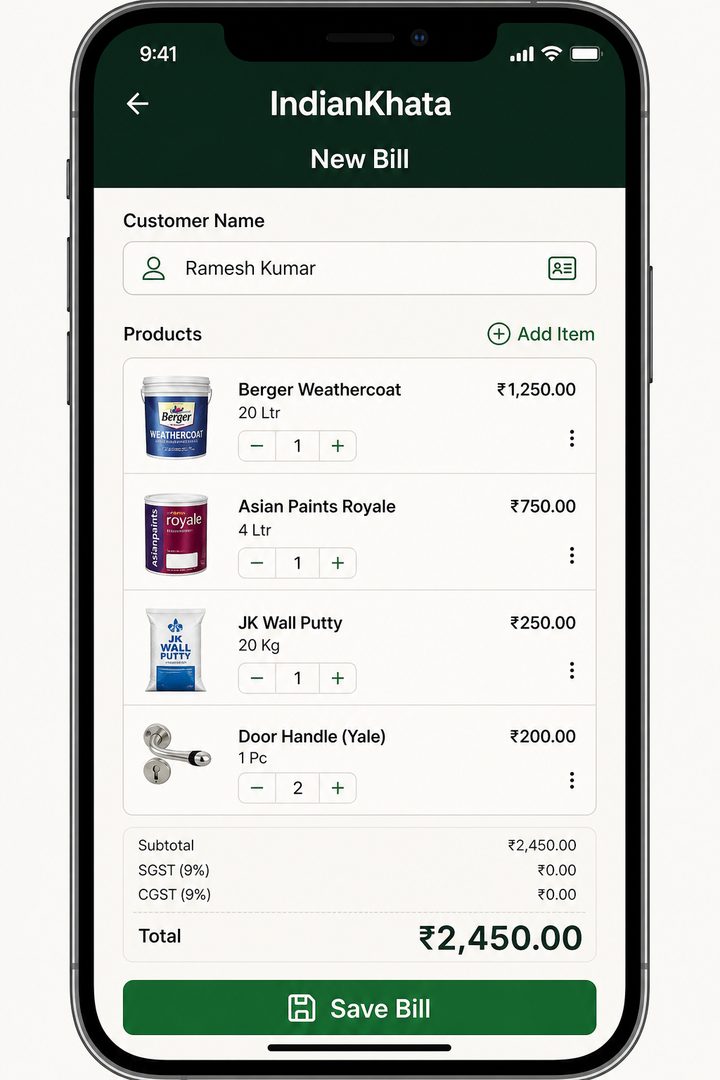 GST bills in seconds — print, PDF or share.